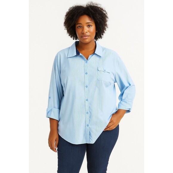 Covington Womans Shirt With Roll Tab Sleeve Plus Sz 24-26W  Blue & White Striped - Picture 1 of 11
